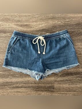Aerie Cut Off Jean Shorts Womens M Blue Denim Casual Elastic Waist Drawstring
